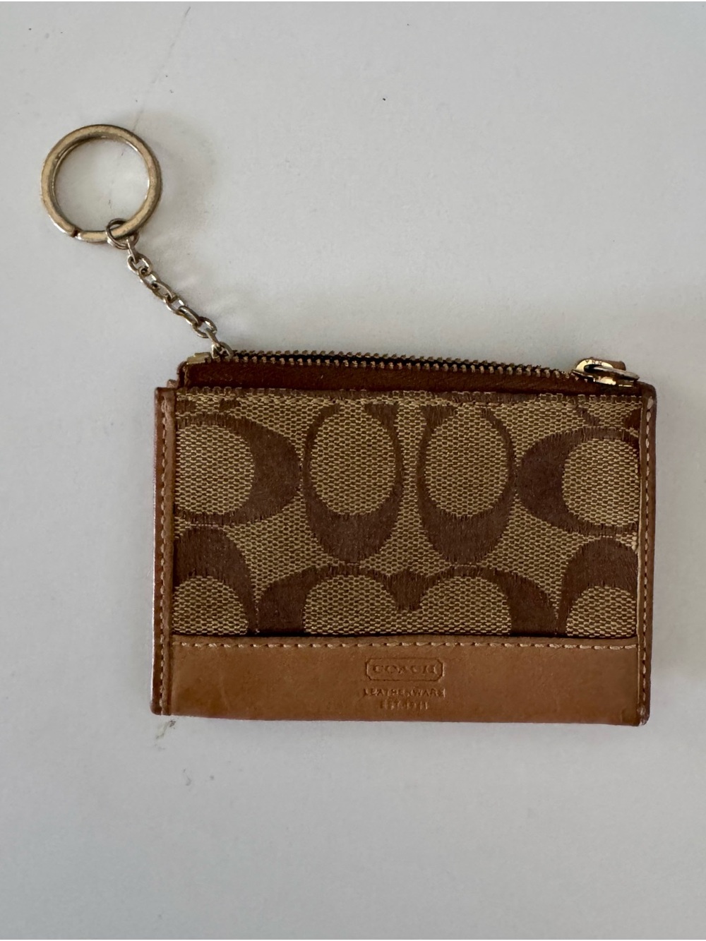 Coach Tan/Brown Signature Canvas Zip Card Case Key Ring